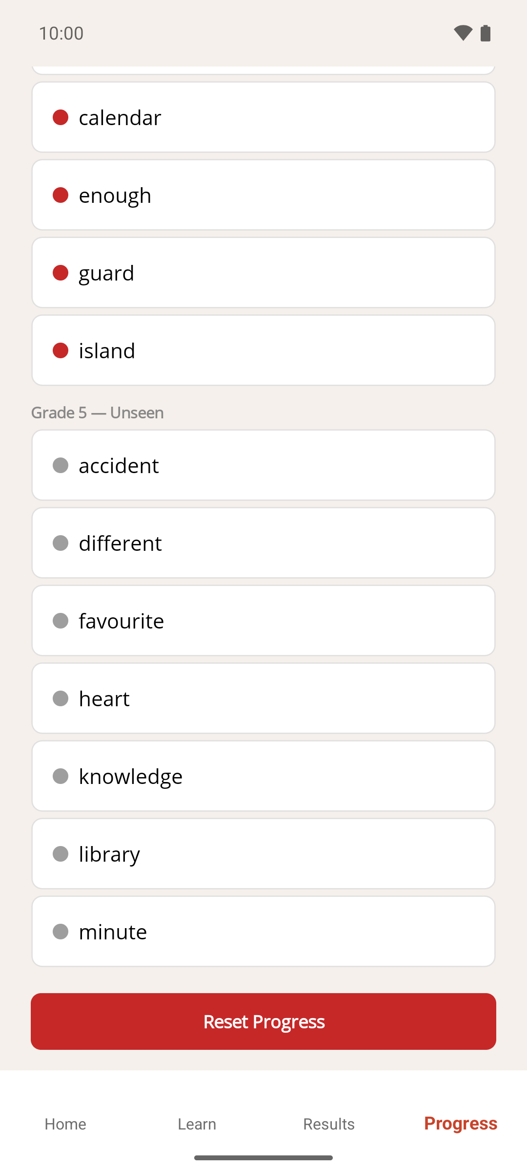 The bottom of the Progress screen, showing the last words in the list and the Reset Progress button