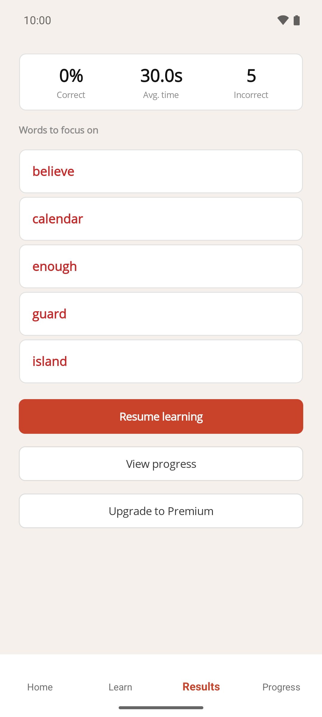 The Results screen showing the Correct, Avg. time and Incorrect figures and a Words to focus on list