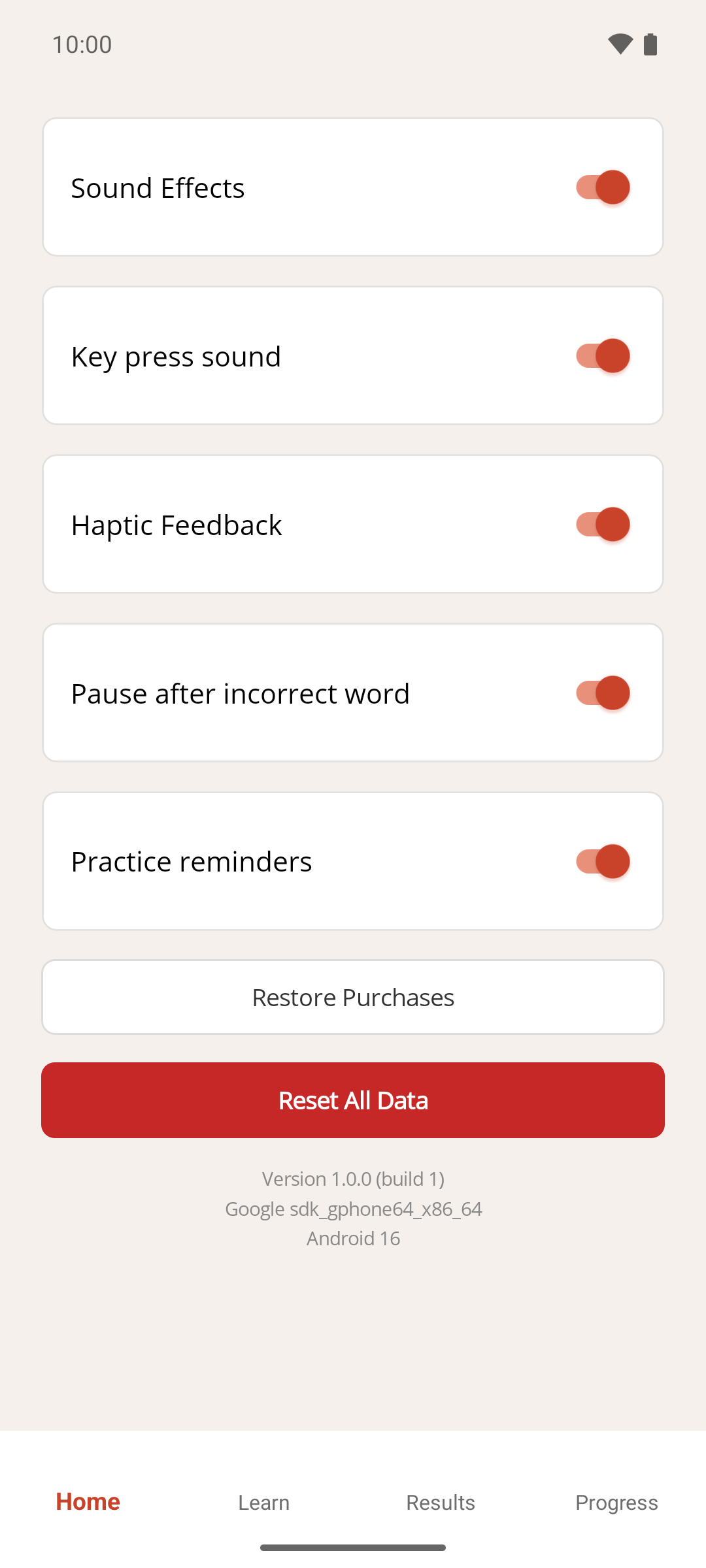 The Settings screen with Premium, where the Practice reminders switch is on and no Premium feature hint is shown