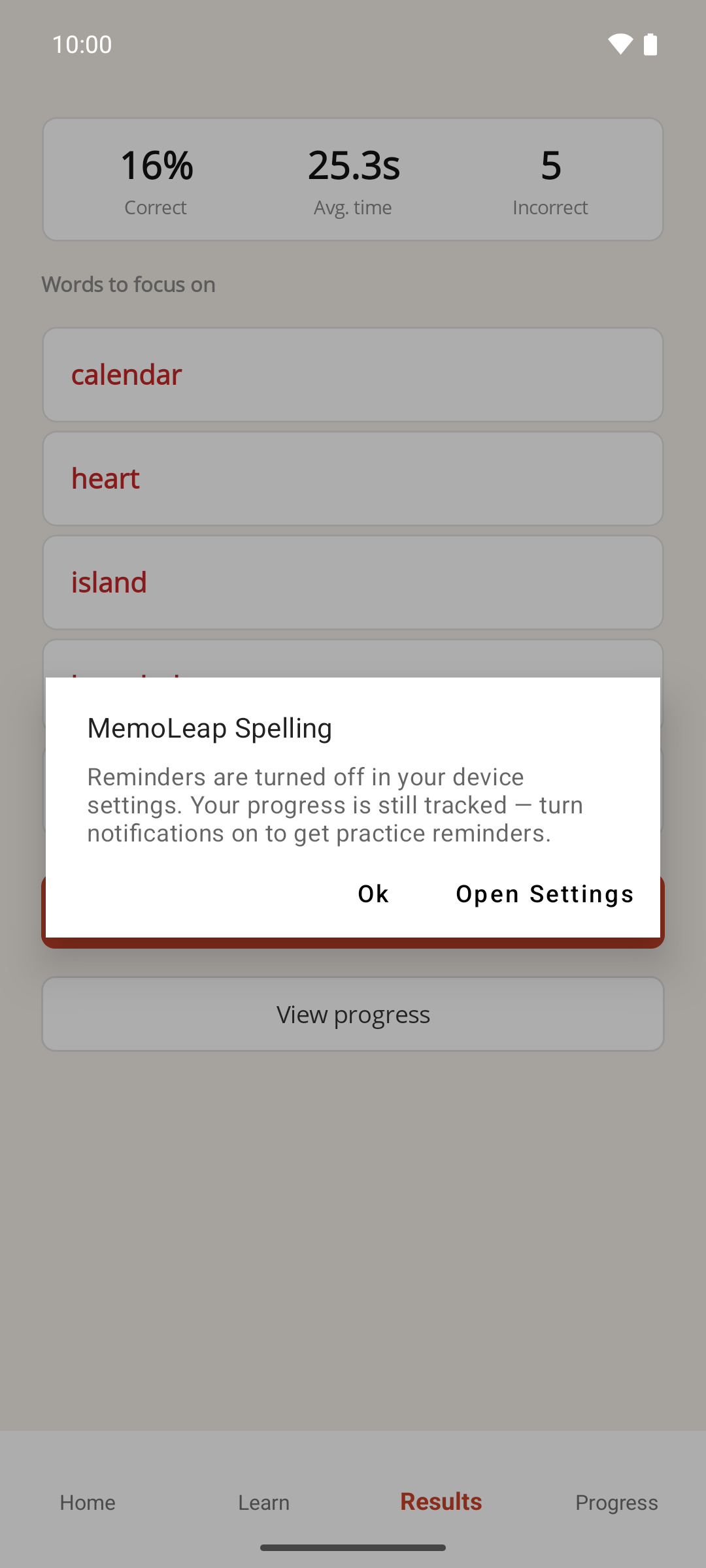 The alert that says reminders are turned off in your device settings, with its Ok and Open Settings buttons