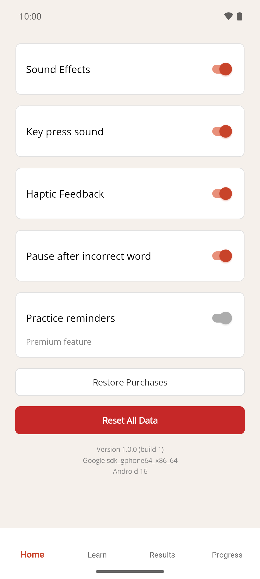 The Settings screen, with the red Reset All Data button below Restore Purchases