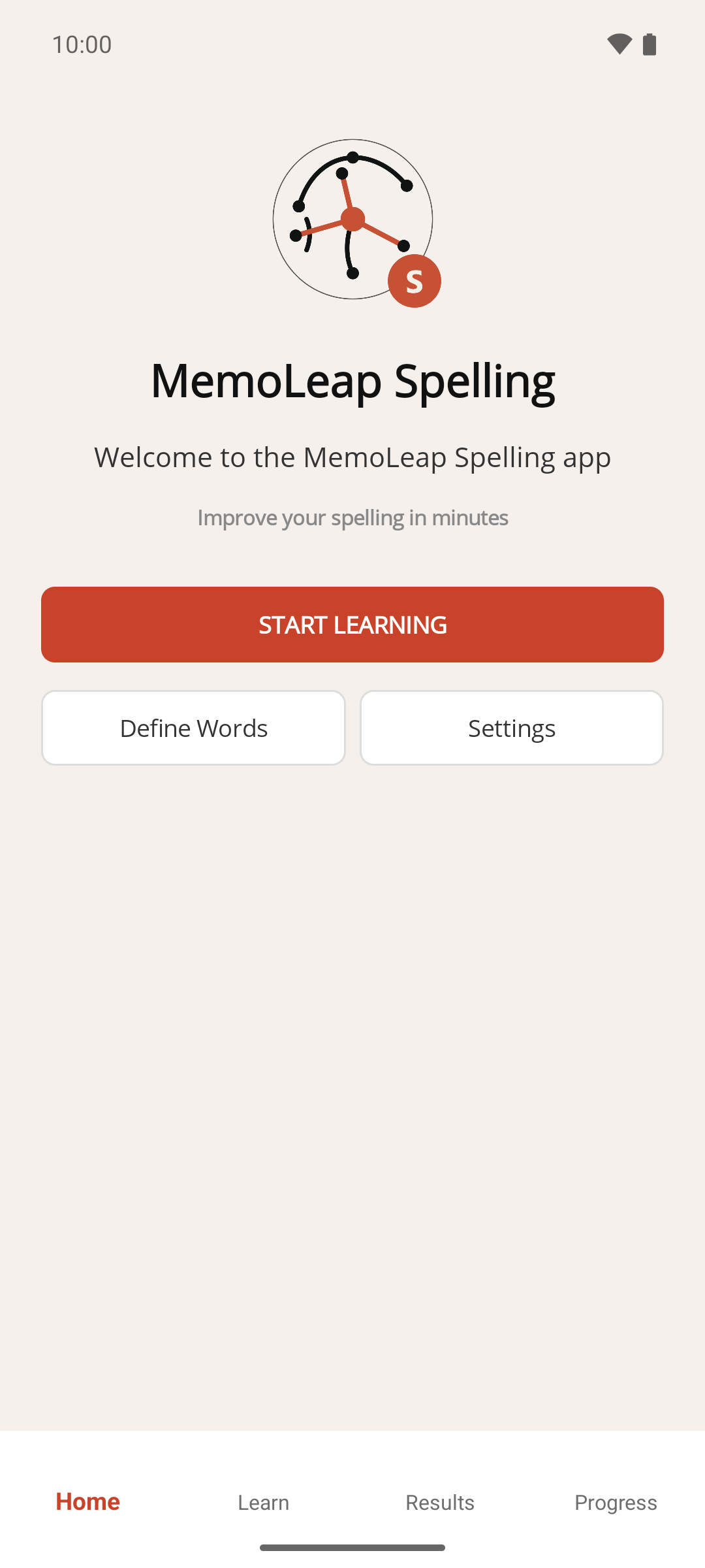 The Home screen on first launch, with Start learning ready to tap and the Define Words and Settings buttons below it