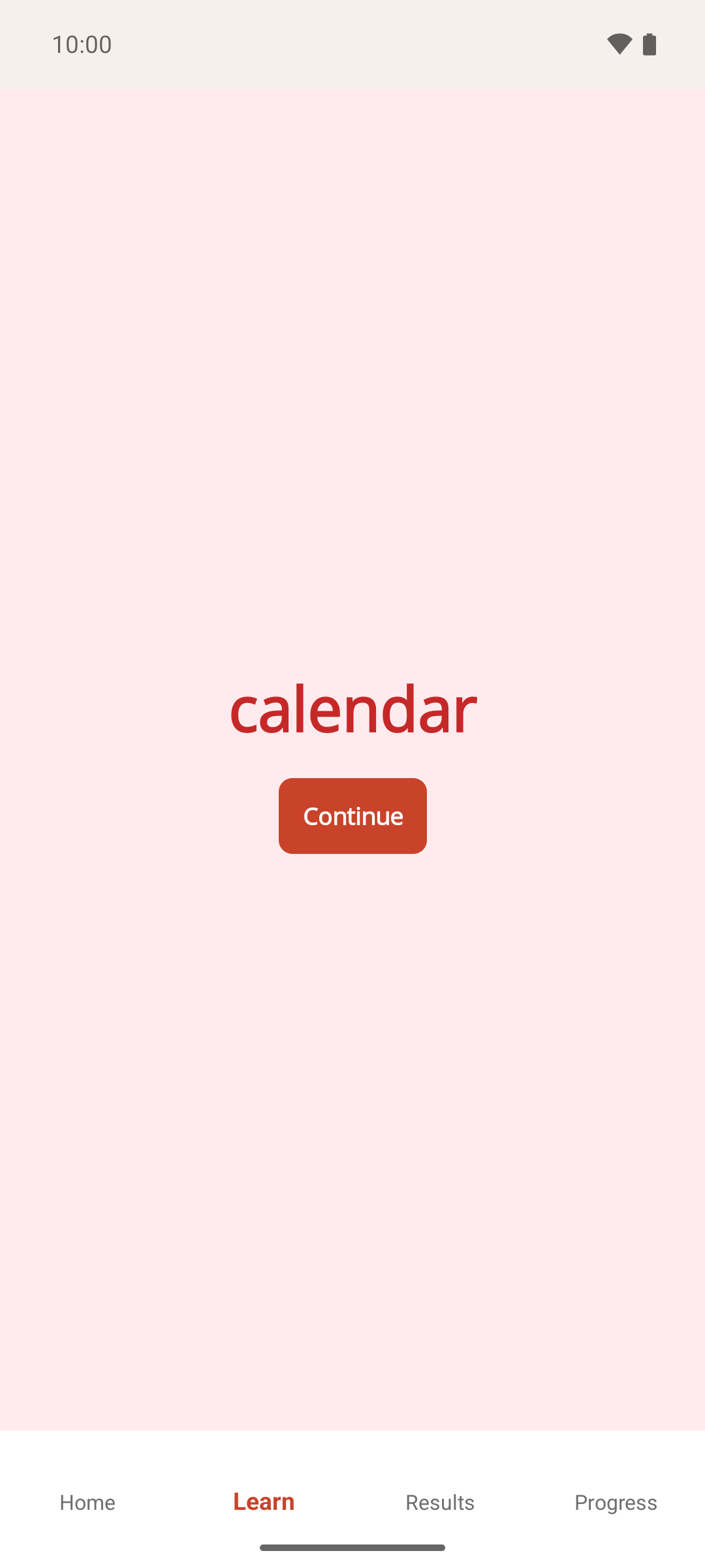 The Learn screen turned red after an incorrect answer, showing the correct spelling and the Continue button