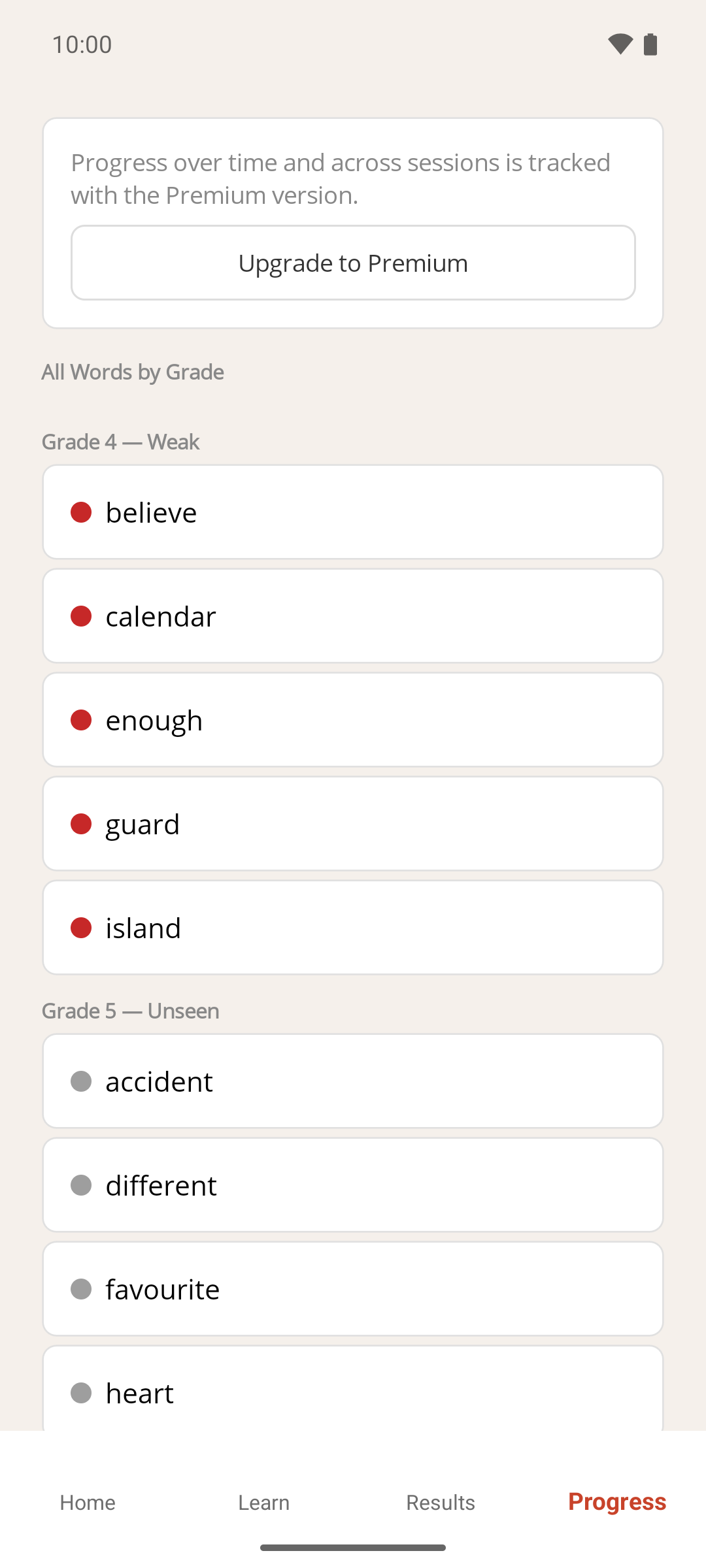 The Progress screen listing words under Grade 4 — Weak and Grade 5 — Unseen headings, each with a coloured dot