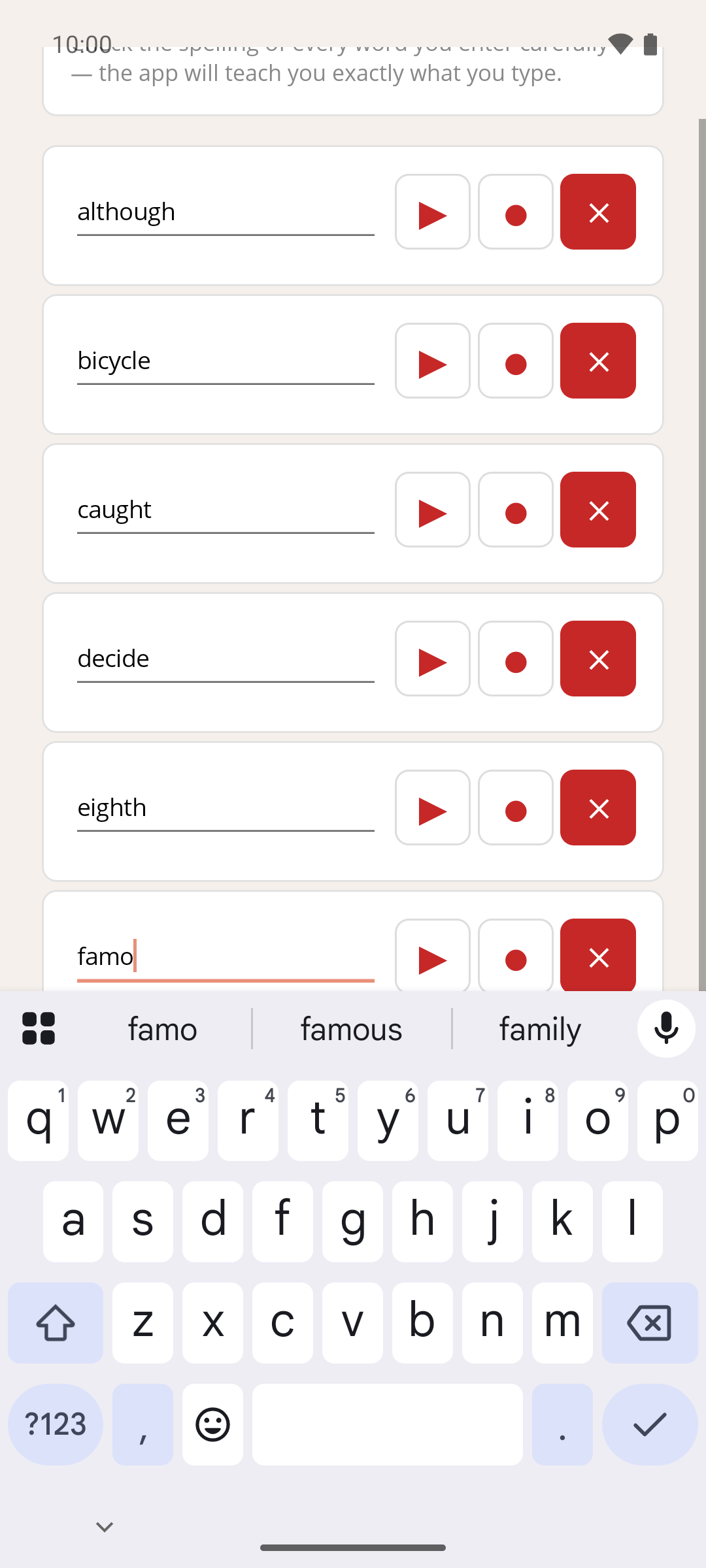 A word list for one of your own groups with several words and a new row being typed, with the device keyboard open